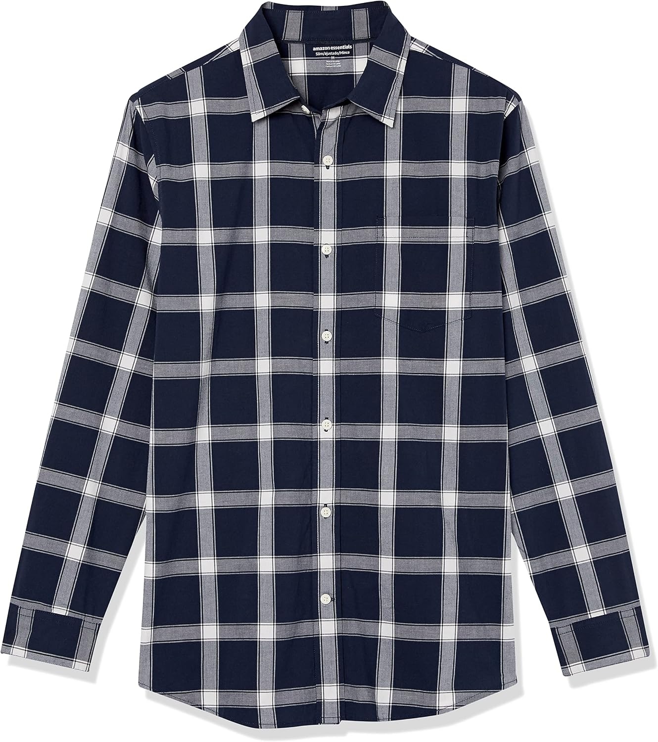 image:imageAmazon Essentials Mens LongSleeve RegularFit Stretch Poplin ShirtNavyWhite Buffalo Plaid