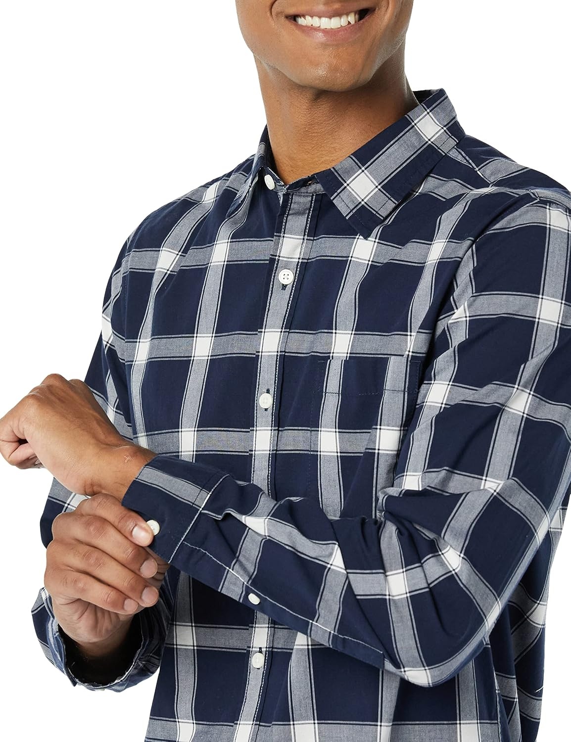 image:imageAmazon Essentials Mens LongSleeve RegularFit Stretch Poplin ShirtNavyWhite Buffalo Plaid