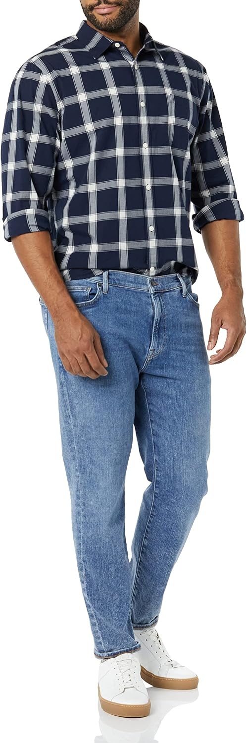 image:imageAmazon Essentials Mens LongSleeve RegularFit Stretch Poplin ShirtNavyWhite Buffalo Plaid