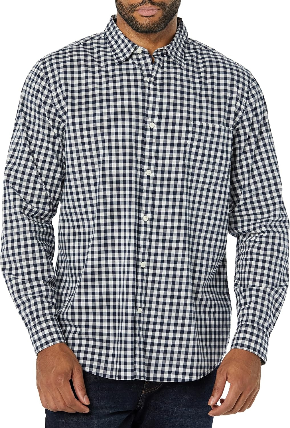 image:imageAmazon Essentials Mens LongSleeve RegularFit Stretch Poplin ShirtNavyWhite Gingham