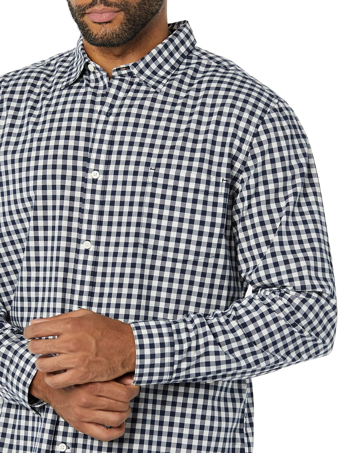 image:imageAmazon Essentials Mens LongSleeve RegularFit Stretch Poplin ShirtNavyWhite Gingham