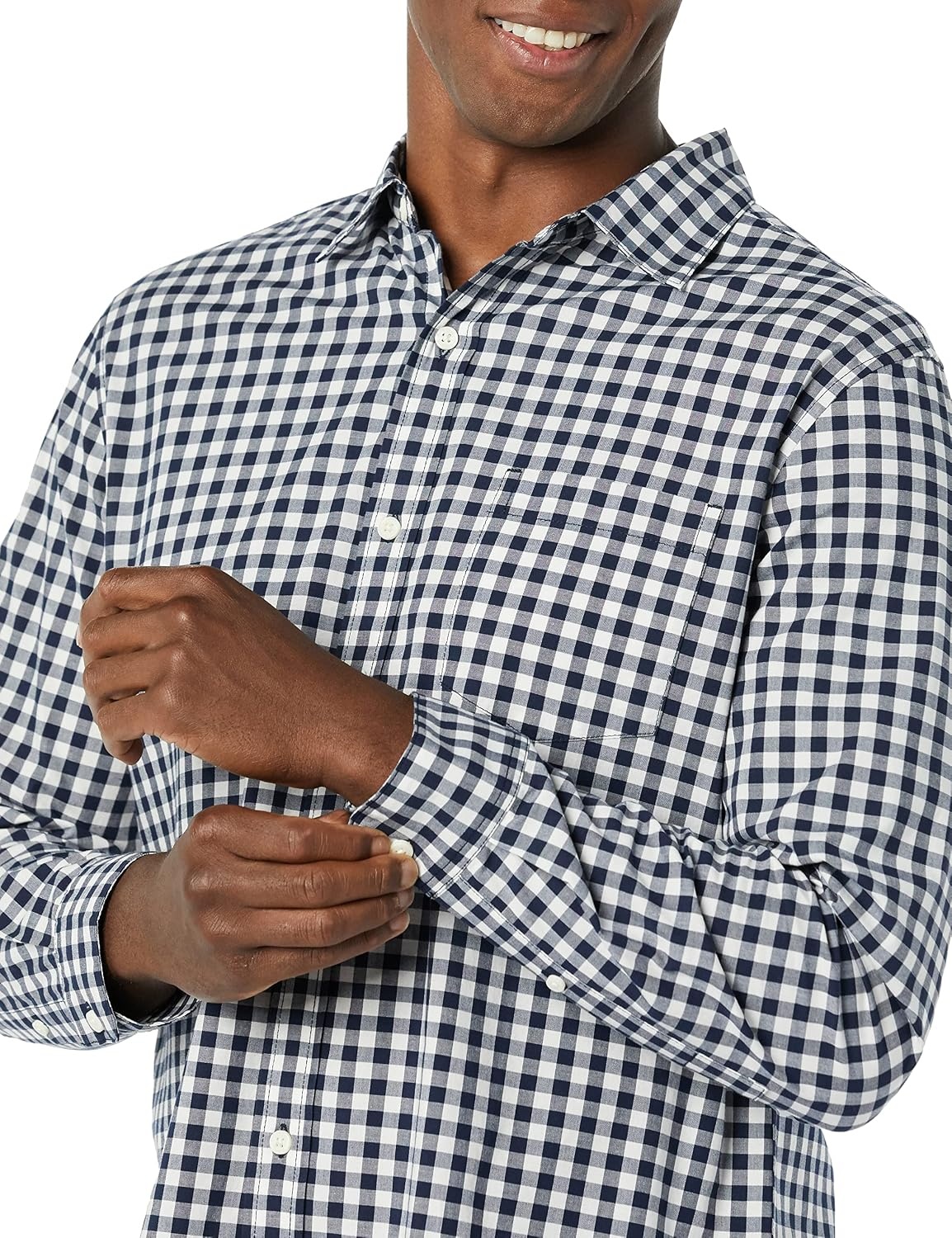 image:imageAmazon Essentials Mens LongSleeve RegularFit Stretch Poplin ShirtNavyWhite Gingham