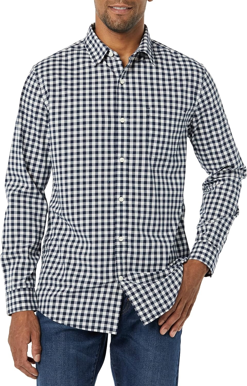 image:imageAmazon Essentials Mens LongSleeve RegularFit Stretch Poplin ShirtNavyWhite Gingham