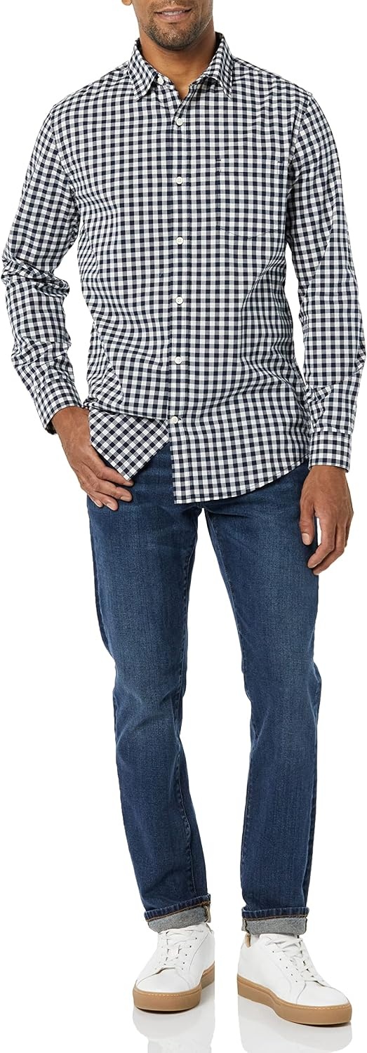 image:imageAmazon Essentials Mens LongSleeve RegularFit Stretch Poplin ShirtNavyWhite Gingham