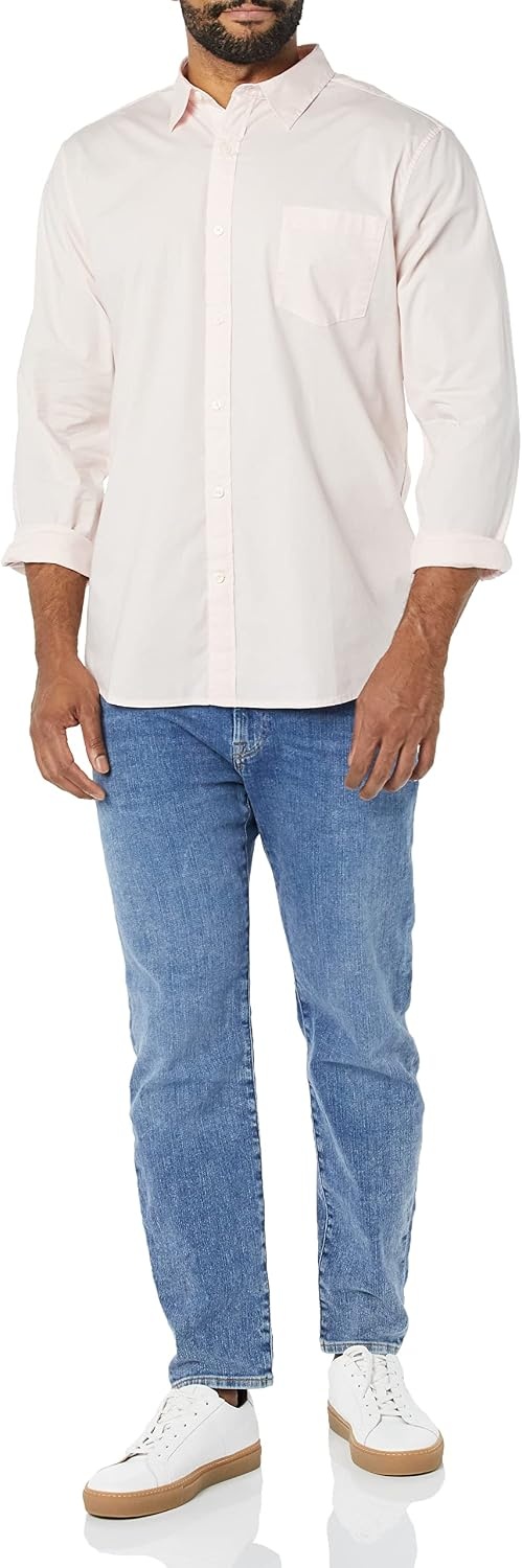 image:imageAmazon Essentials Mens LongSleeve RegularFit Stretch Poplin ShirtPink