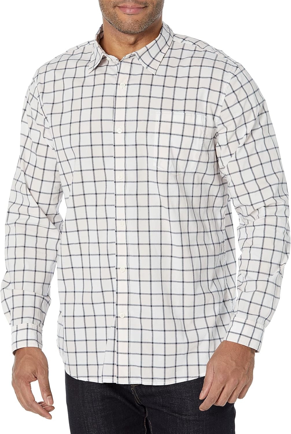 image:imageAmazon Essentials Mens LongSleeve RegularFit Stretch Poplin ShirtPinkWhite Buffalo Plaid