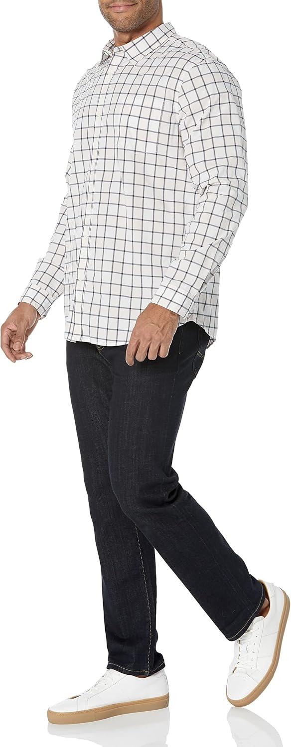 image:imageAmazon Essentials Mens LongSleeve RegularFit Stretch Poplin ShirtPinkWhite Buffalo Plaid