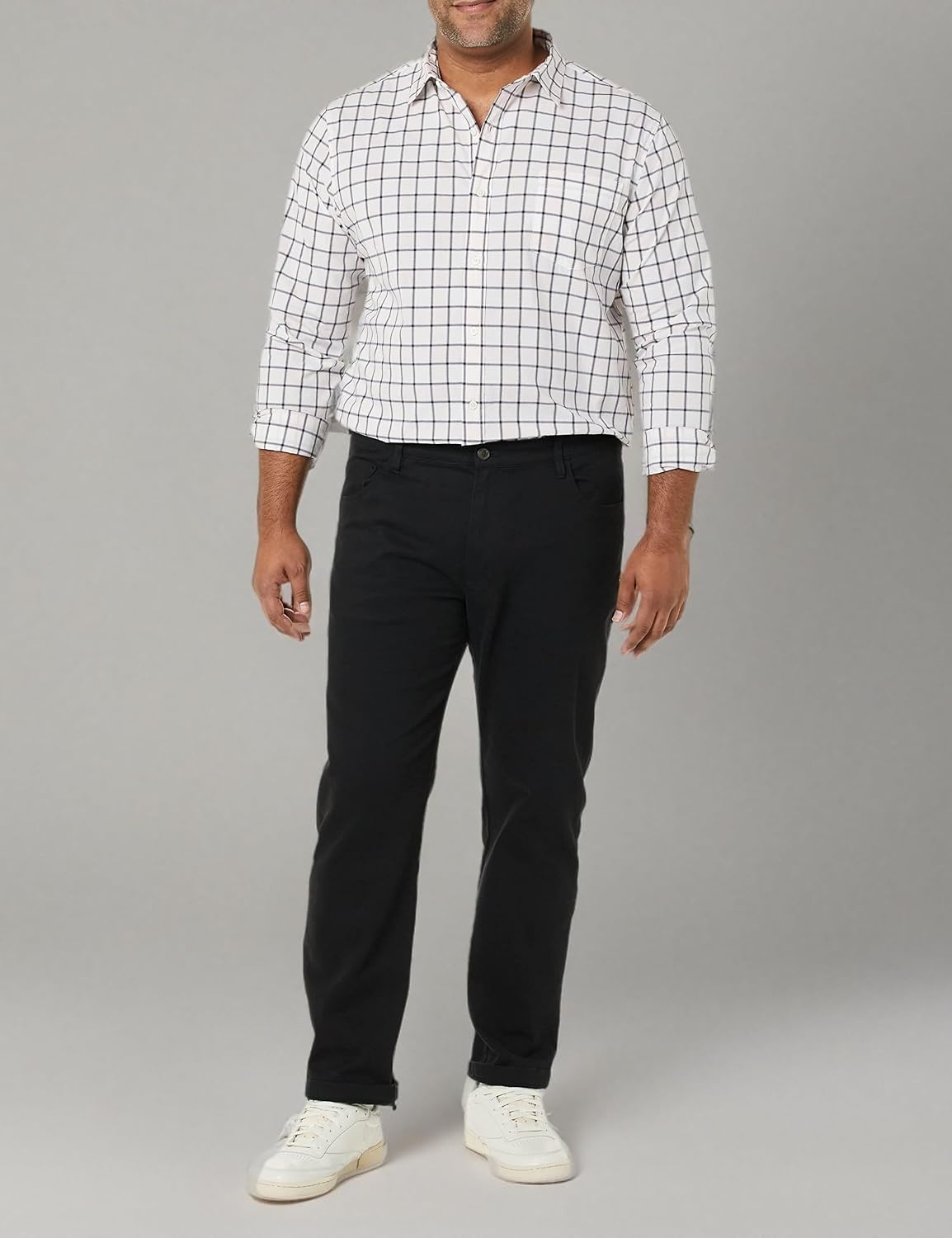 image:imageAmazon Essentials Mens LongSleeve RegularFit Stretch Poplin ShirtPinkWhite Buffalo Plaid