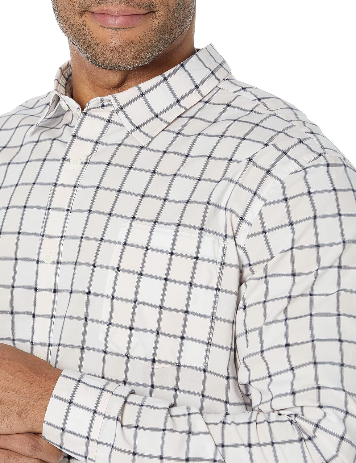 image:imageAmazon Essentials Mens LongSleeve RegularFit Stretch Poplin ShirtPinkWhite Buffalo Plaid