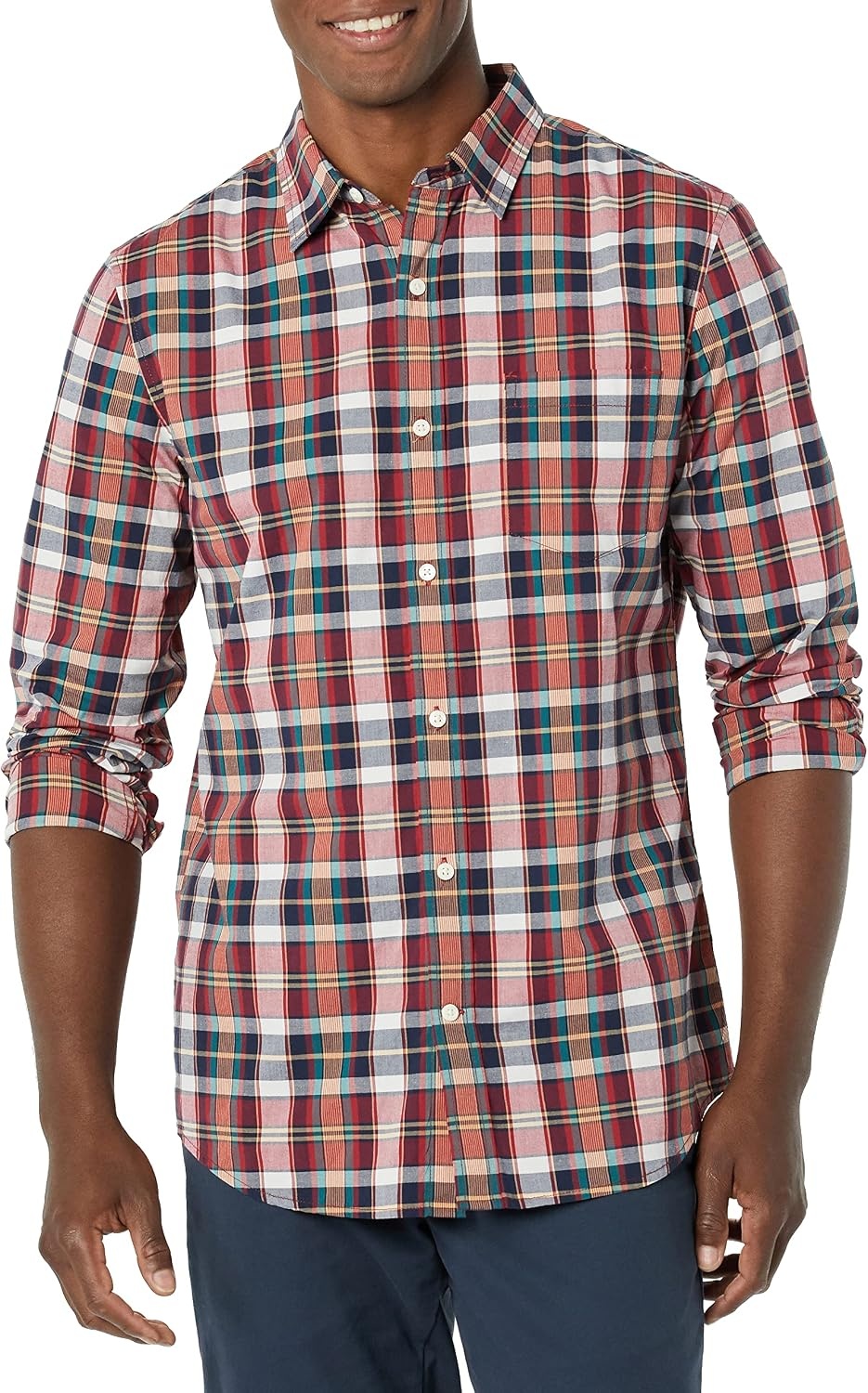 image:imageAmazon Essentials Mens LongSleeve RegularFit Stretch Poplin ShirtRedMulticolor Plaid