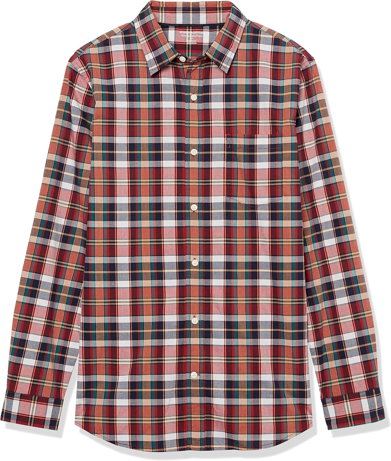 image:imageAmazon Essentials Mens LongSleeve RegularFit Stretch Poplin ShirtRedMulticolor Plaid