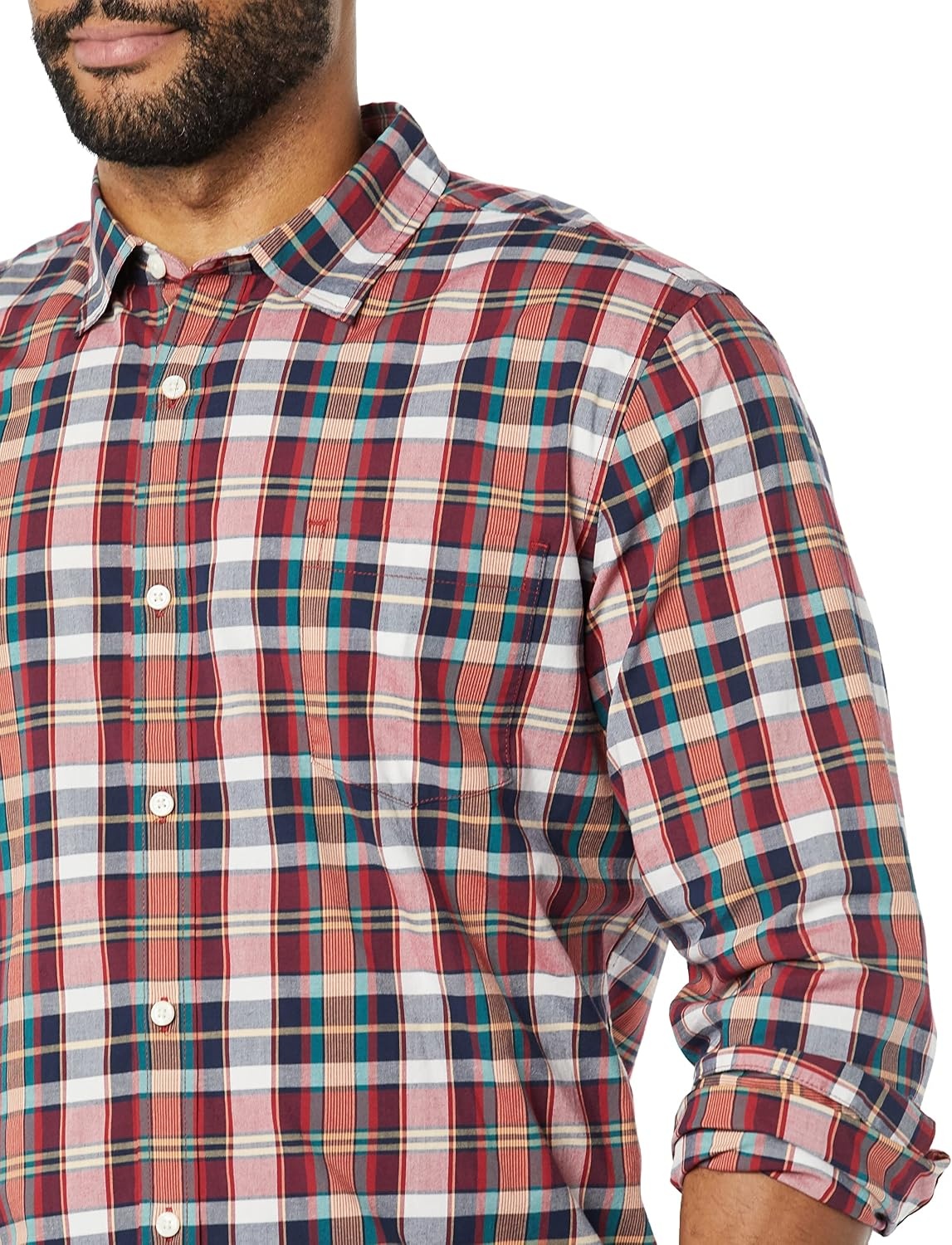 image:imageAmazon Essentials Mens LongSleeve RegularFit Stretch Poplin ShirtRedMulticolor Plaid