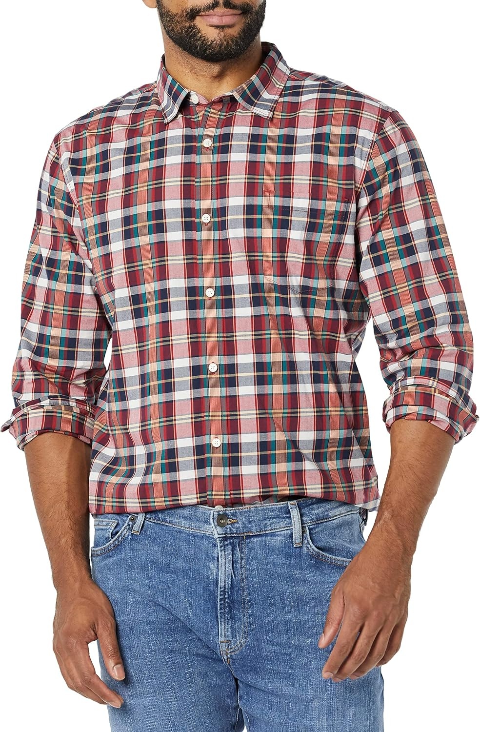 image:imageAmazon Essentials Mens LongSleeve RegularFit Stretch Poplin ShirtRedMulticolor Plaid