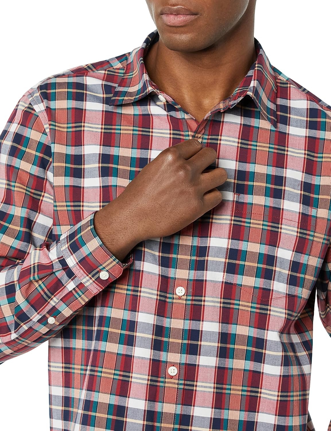 image:imageAmazon Essentials Mens LongSleeve RegularFit Stretch Poplin ShirtRedMulticolor Plaid