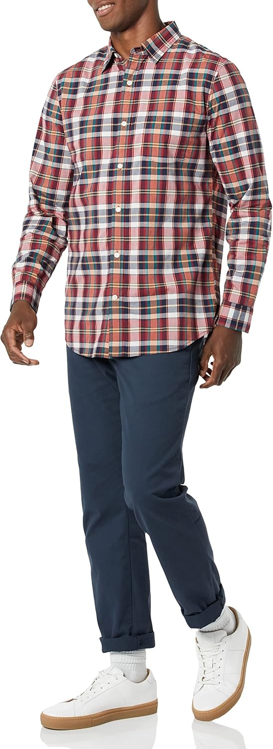 image:imageAmazon Essentials Mens LongSleeve RegularFit Stretch Poplin ShirtRedMulticolor Plaid