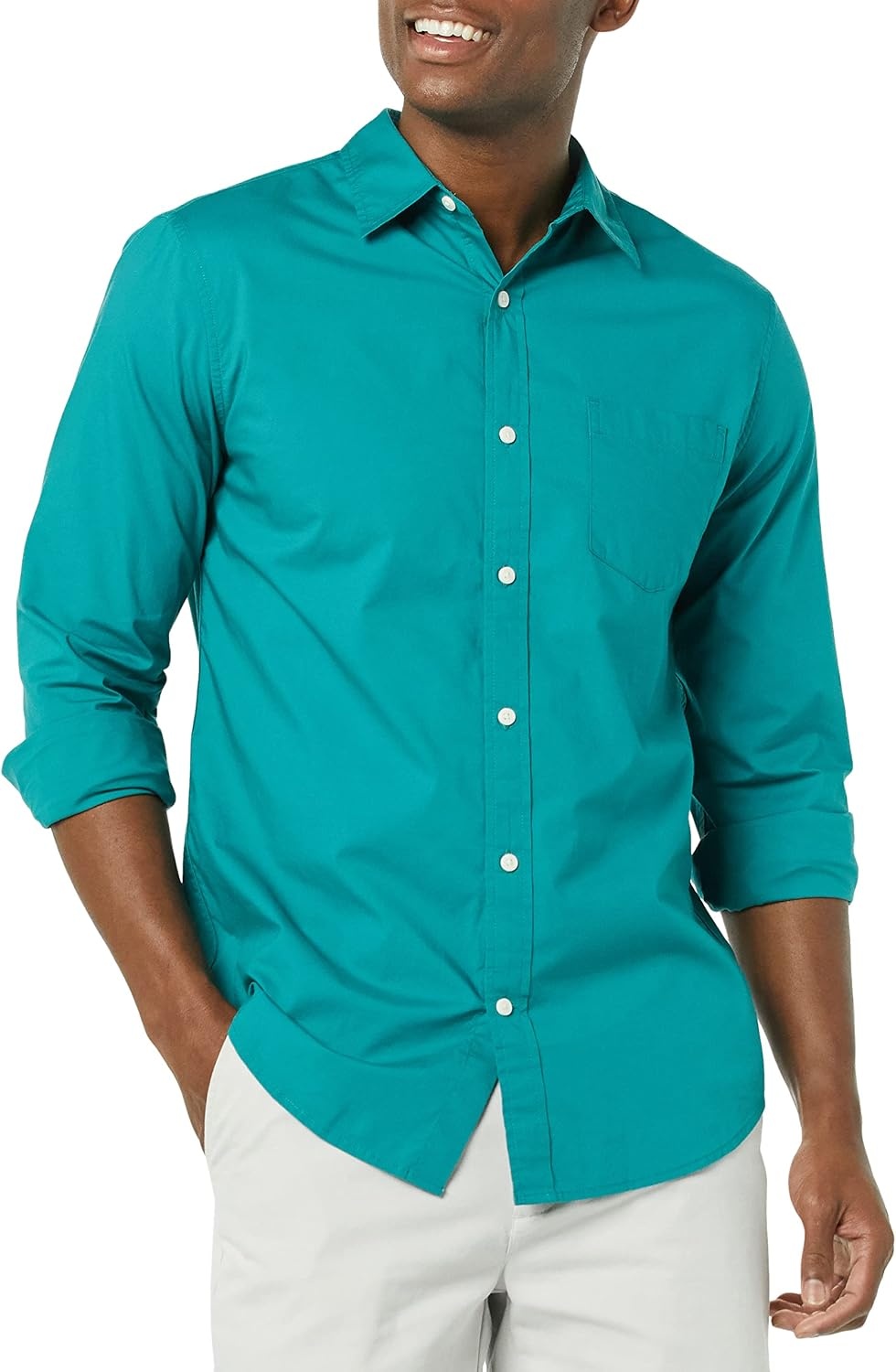 image:imageAmazon Essentials Mens LongSleeve RegularFit Stretch Poplin ShirtTeal