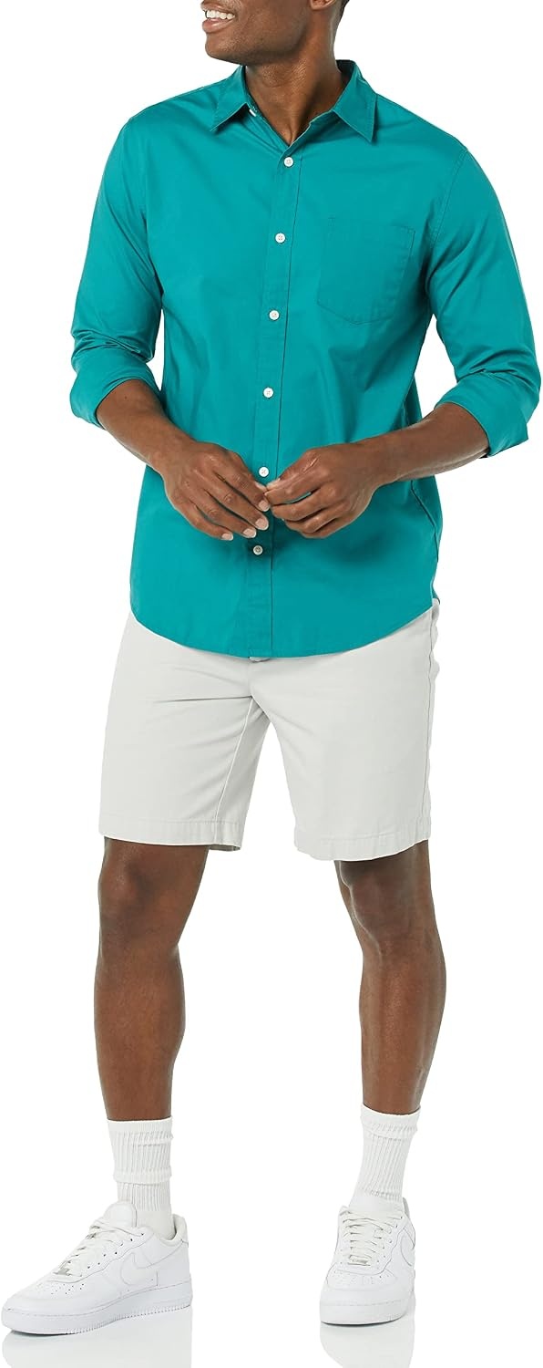 image:imageAmazon Essentials Mens LongSleeve RegularFit Stretch Poplin ShirtTeal