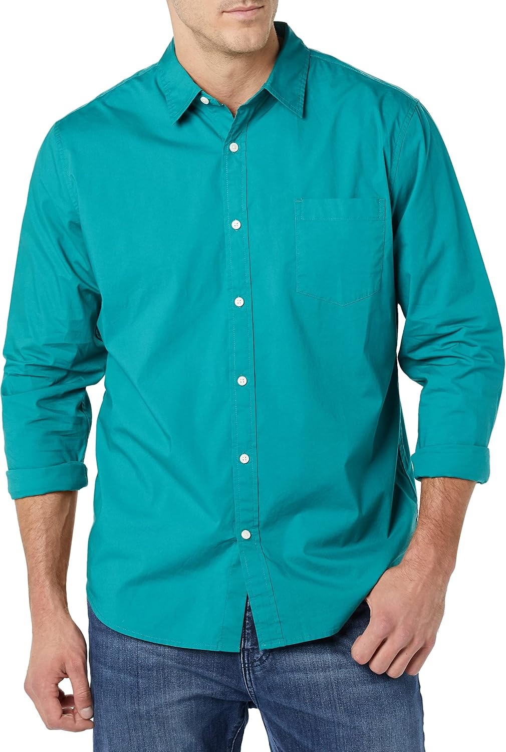 image:imageAmazon Essentials Mens LongSleeve RegularFit Stretch Poplin ShirtTeal