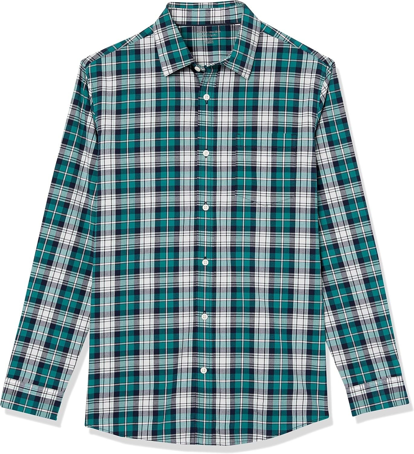 image:imageAmazon Essentials Mens LongSleeve RegularFit Stretch Poplin ShirtTeal Blue White Plaid