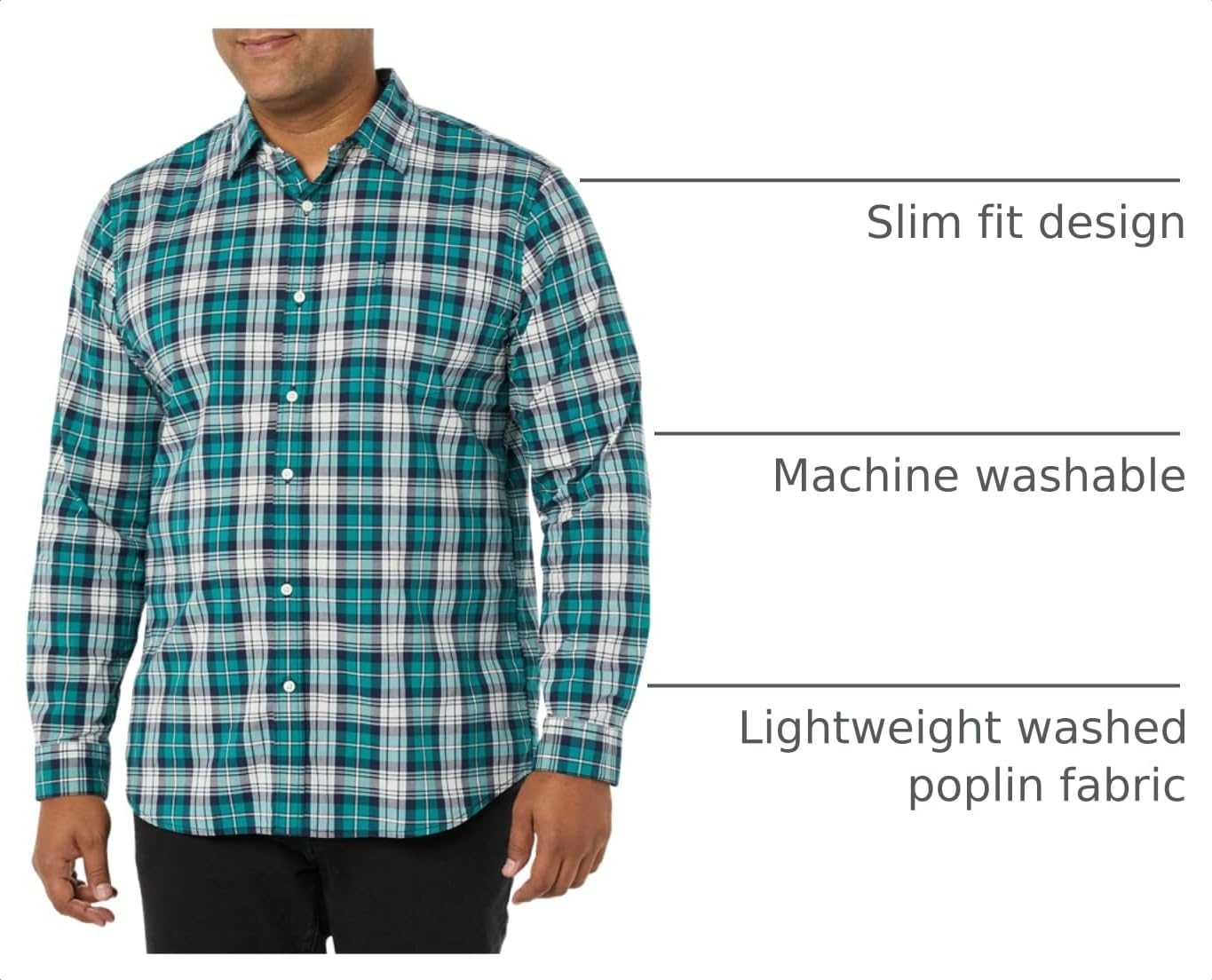 image:imageAmazon Essentials Mens LongSleeve RegularFit Stretch Poplin ShirtTealWhite Plaid