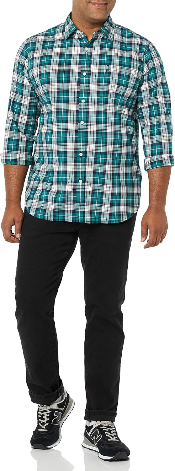 image:imageAmazon Essentials Mens LongSleeve RegularFit Stretch Poplin ShirtTealWhite Plaid