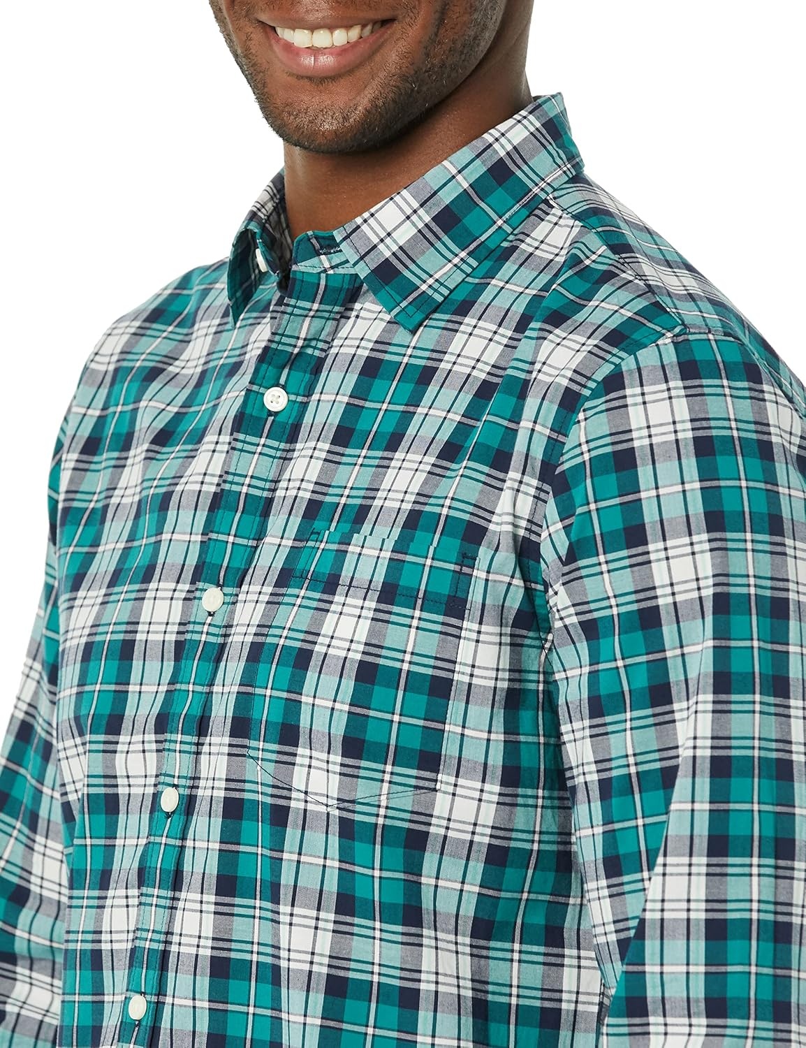 image:imageAmazon Essentials Mens LongSleeve RegularFit Stretch Poplin ShirtTealWhite Plaid