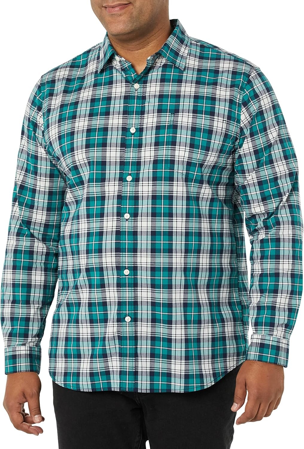 image:imageAmazon Essentials Mens LongSleeve RegularFit Stretch Poplin ShirtTealWhite Plaid