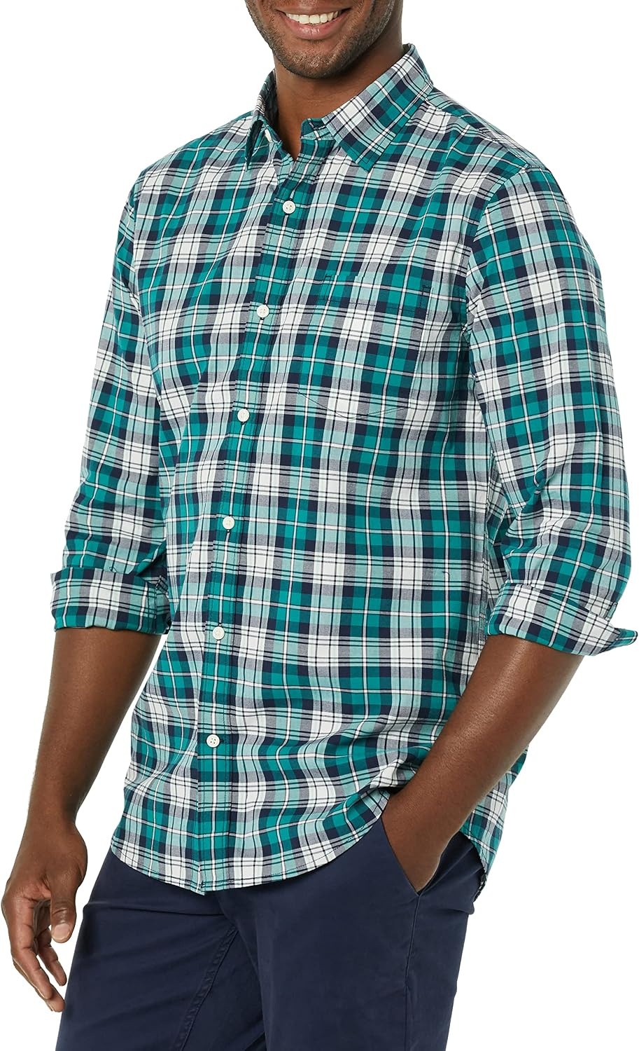 image:imageAmazon Essentials Mens LongSleeve RegularFit Stretch Poplin ShirtTealWhite Plaid