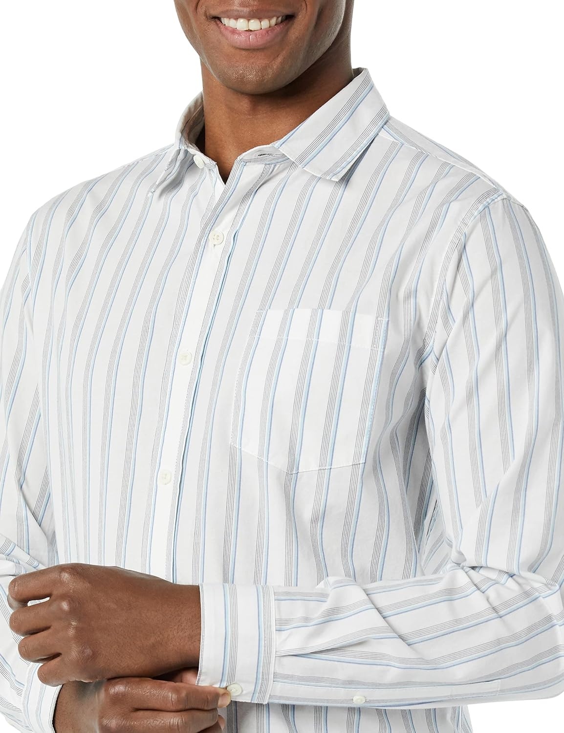 image:imageAmazon Essentials Mens LongSleeve RegularFit Stretch Poplin ShirtWhiteMulticolor Stripe