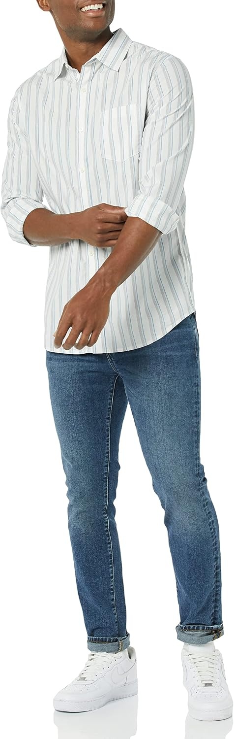 image:imageAmazon Essentials Mens LongSleeve RegularFit Stretch Poplin ShirtWhiteMulticolor Stripe
