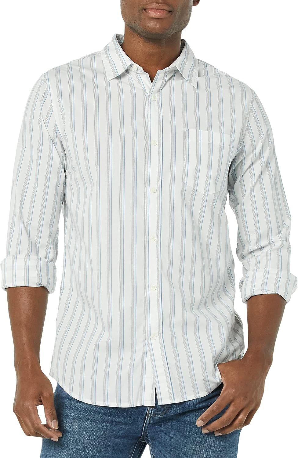 image:imageAmazon Essentials Mens LongSleeve RegularFit Stretch Poplin ShirtWhiteMulticolor Stripe