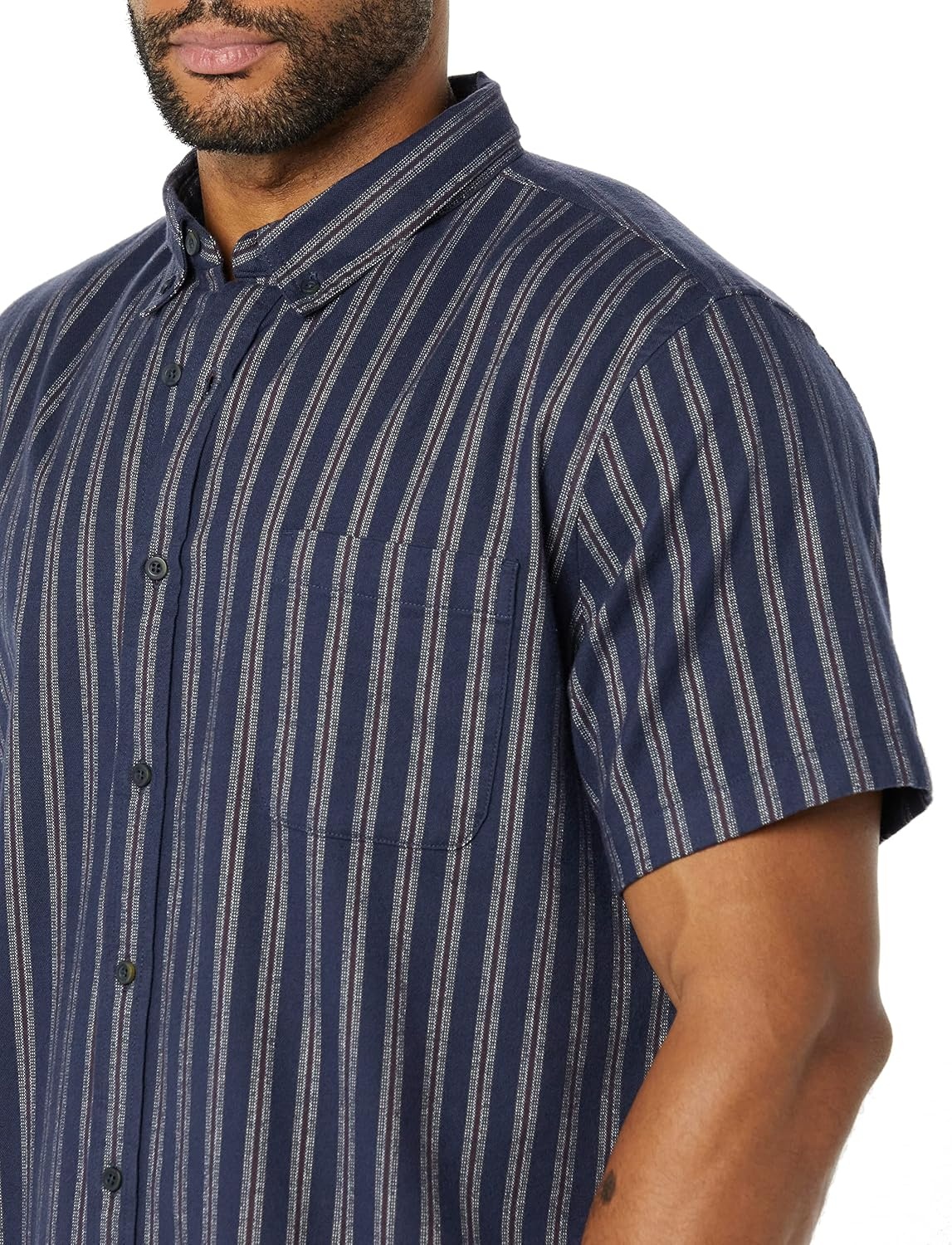 image:imageAmazon Essentials Mens LongSleeve RegularFit Stretch Poplin ShirtWhiteMulticolor Stripe