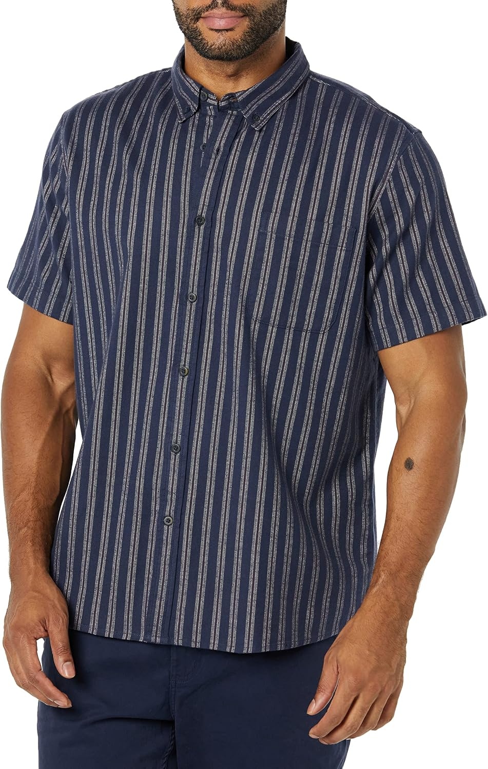 image:imageAmazon Essentials Mens LongSleeve RegularFit Stretch Poplin ShirtWhiteMulticolor Stripe