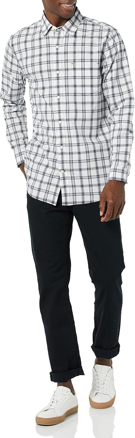 image:imageAmazon Essentials Mens LongSleeve RegularFit Stretch Poplin ShirtWhiteNavy Plaid