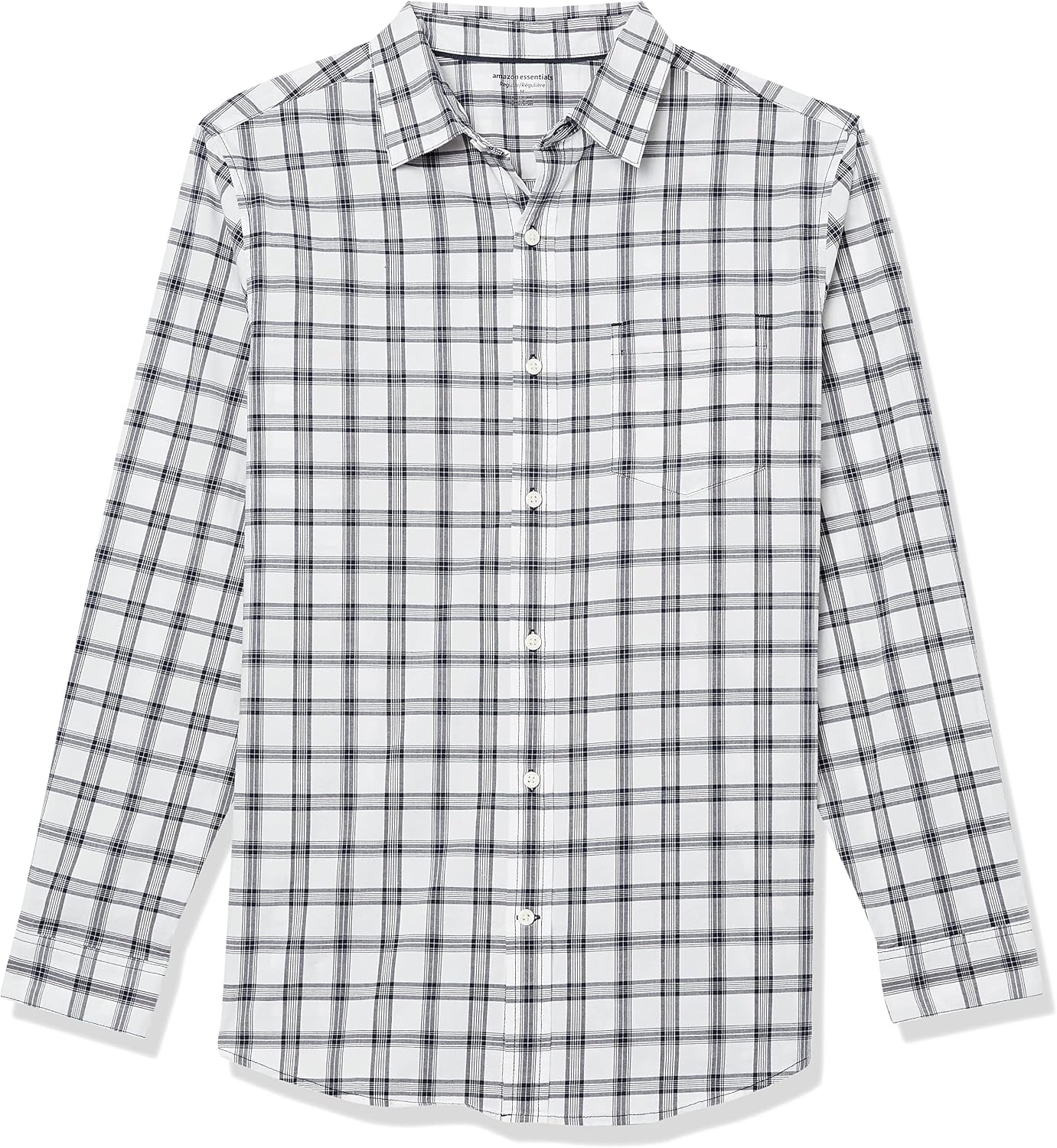 image:imageAmazon Essentials Mens LongSleeve RegularFit Stretch Poplin ShirtWhiteNavy Plaid