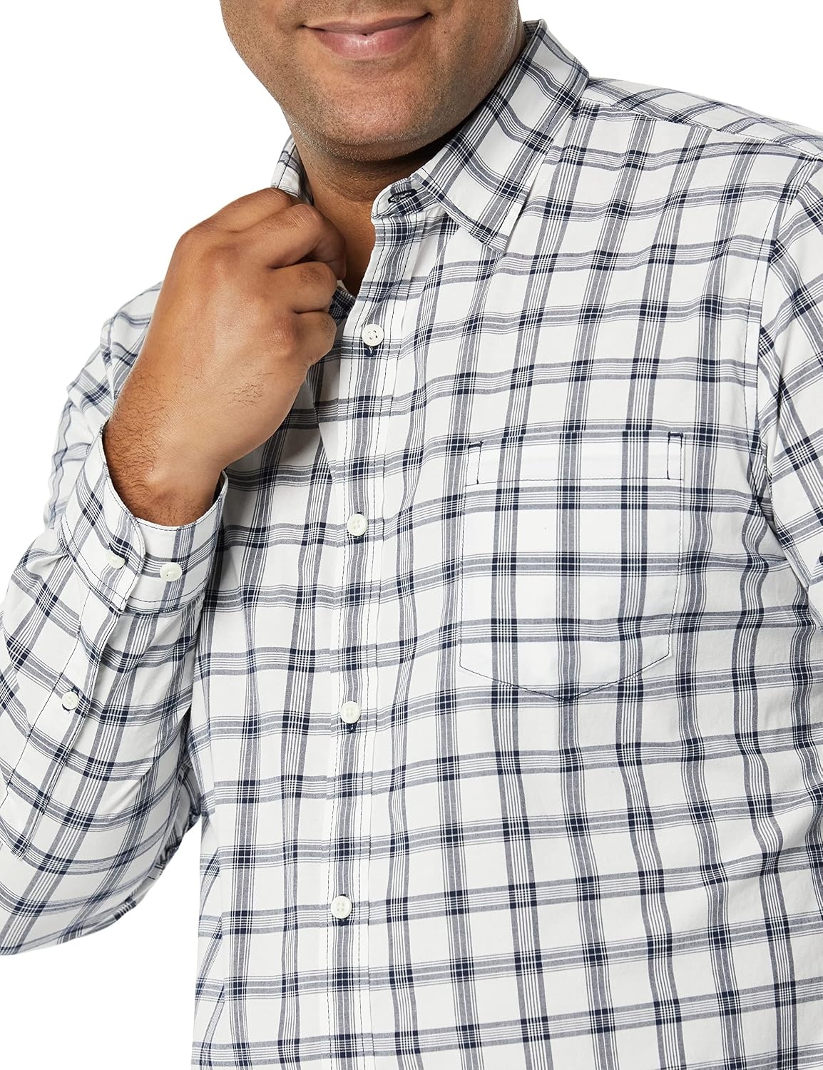 image:imageAmazon Essentials Mens LongSleeve RegularFit Stretch Poplin ShirtWhiteNavy Plaid