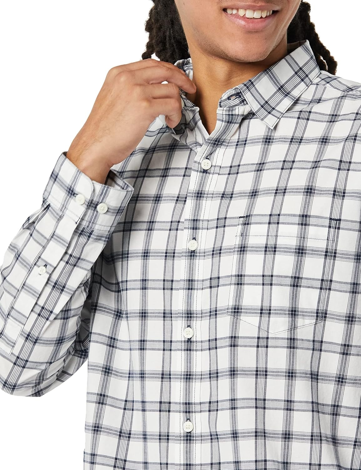 image:imageAmazon Essentials Mens LongSleeve RegularFit Stretch Poplin ShirtWhiteNavy Plaid