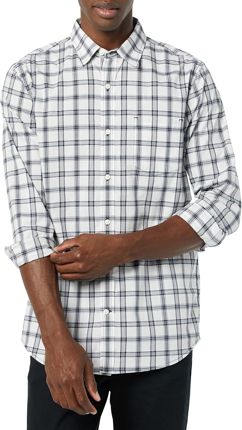 image:imageAmazon Essentials Mens LongSleeve RegularFit Stretch Poplin ShirtWhiteNavy Plaid