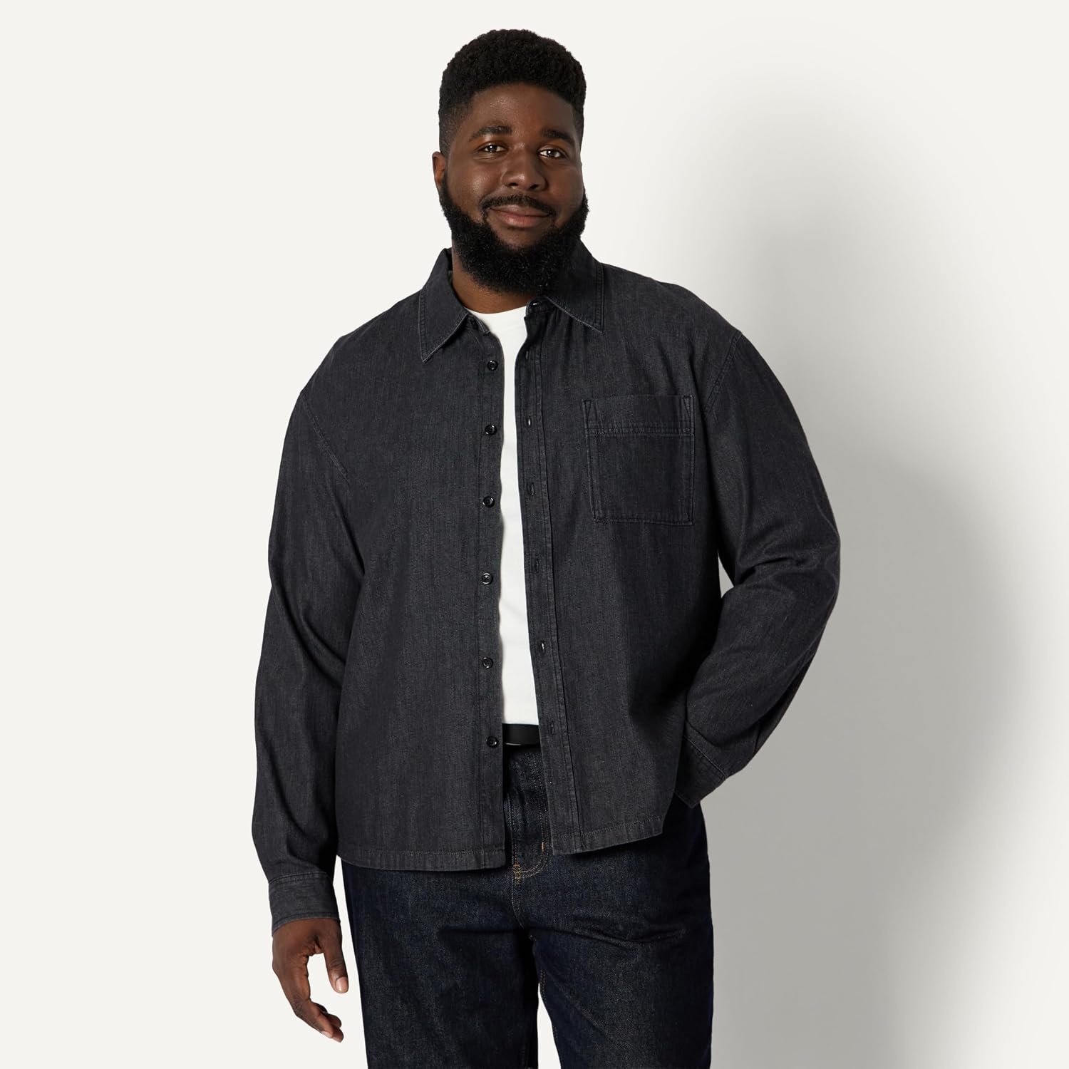 image:imageAmazon Essentials Mens Modern OversizedFit Denim ButtonDown Shirt Button FrontBlack