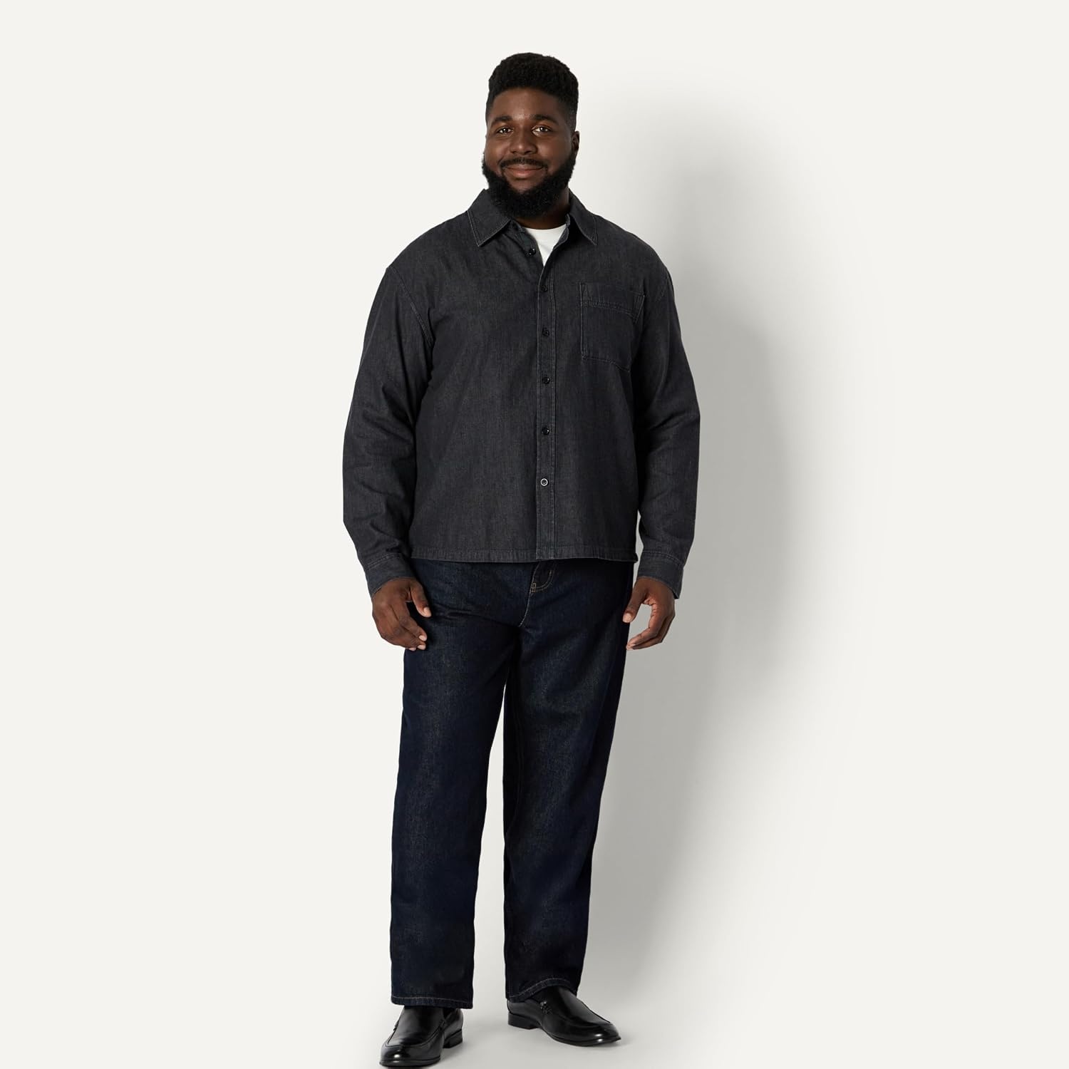 image:imageAmazon Essentials Mens Modern OversizedFit Denim ButtonDown Shirt Button FrontBlack