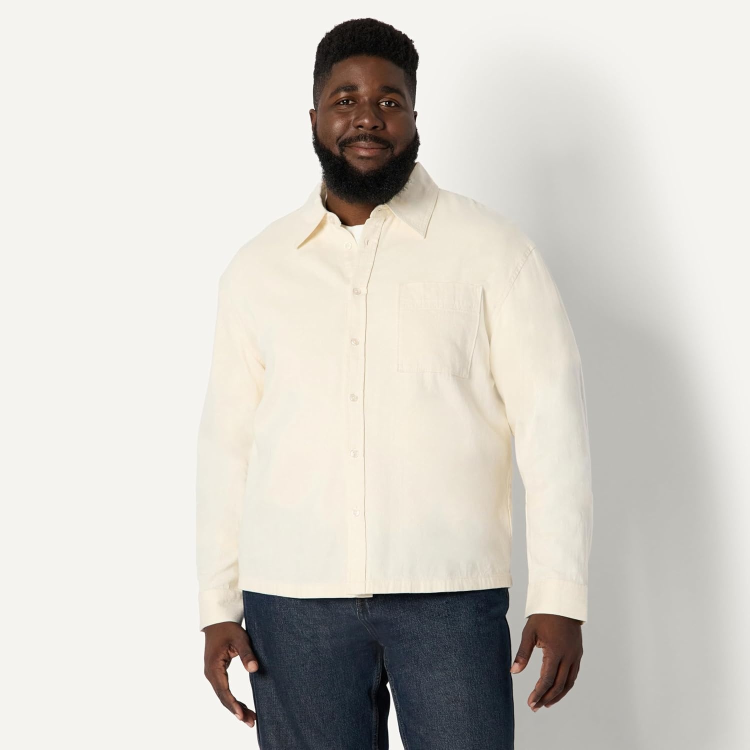 image:imageAmazon Essentials Mens Modern OversizedFit Denim ButtonDown Shirt Button FrontEcru