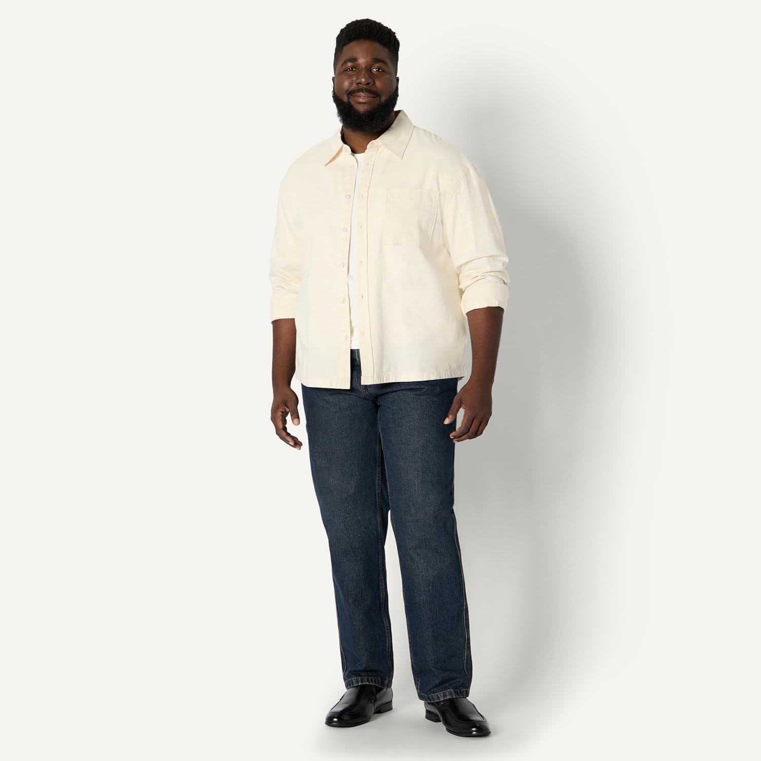 image:imageAmazon Essentials Mens Modern OversizedFit Denim ButtonDown Shirt Button FrontEcru