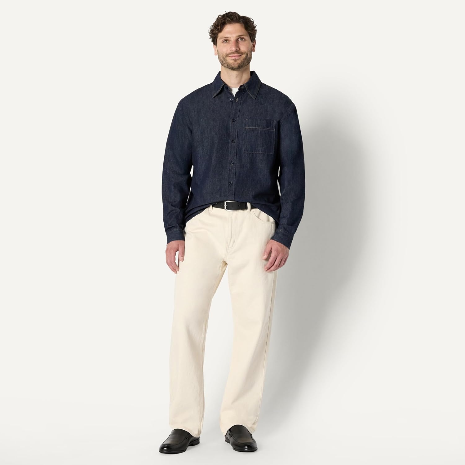 image:imageAmazon Essentials Mens Modern OversizedFit Denim ButtonDown Shirt Button FrontRinse