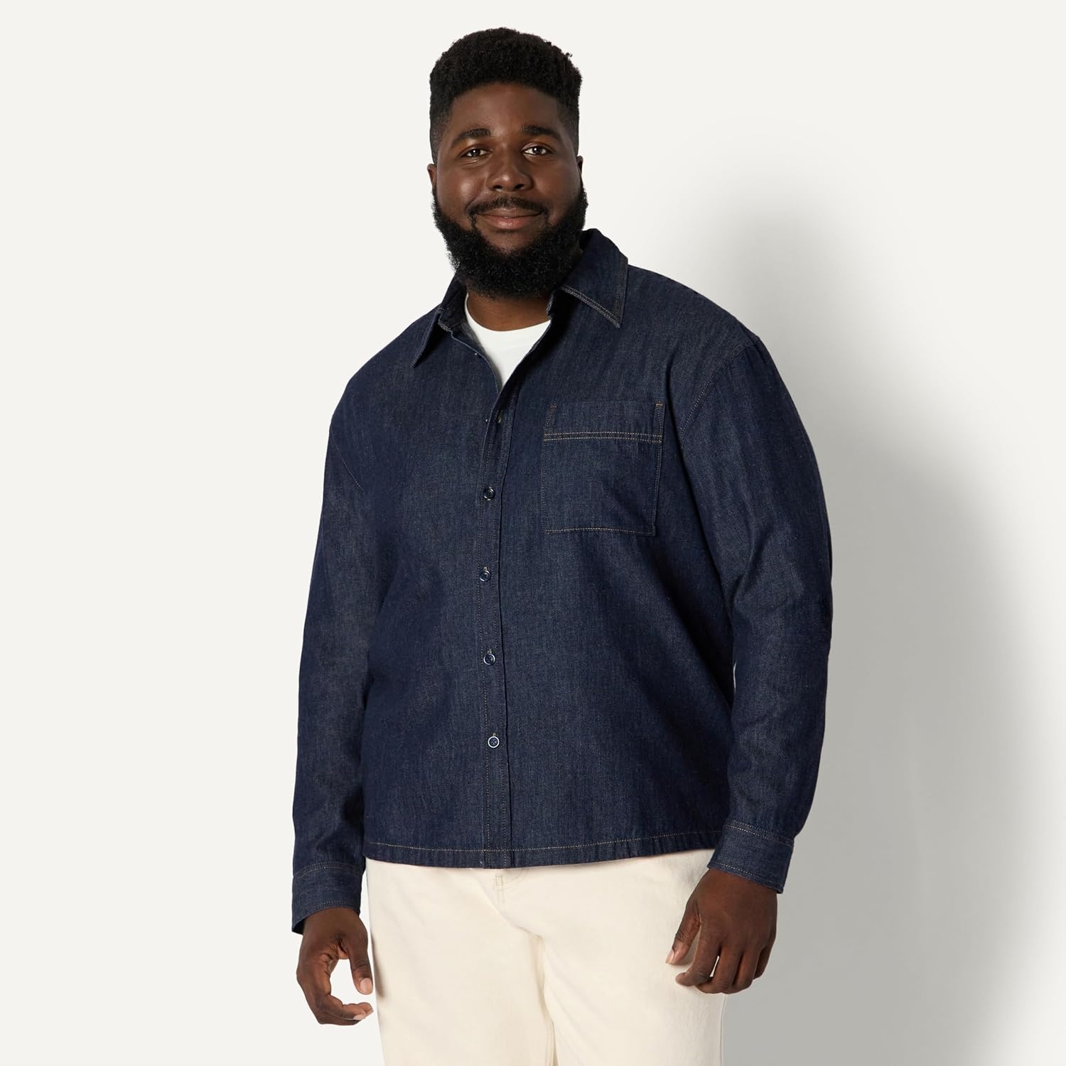 image:imageAmazon Essentials Mens Modern OversizedFit Denim ButtonDown Shirt Button FrontRinse