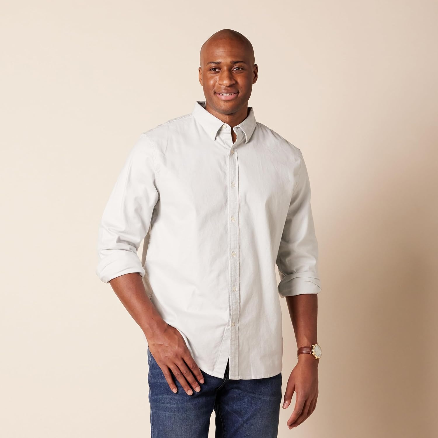 image:imageAmazon Essentials Mens Oxford Shirt SlimFit Stretch LongSleeve Button UpLight Grey