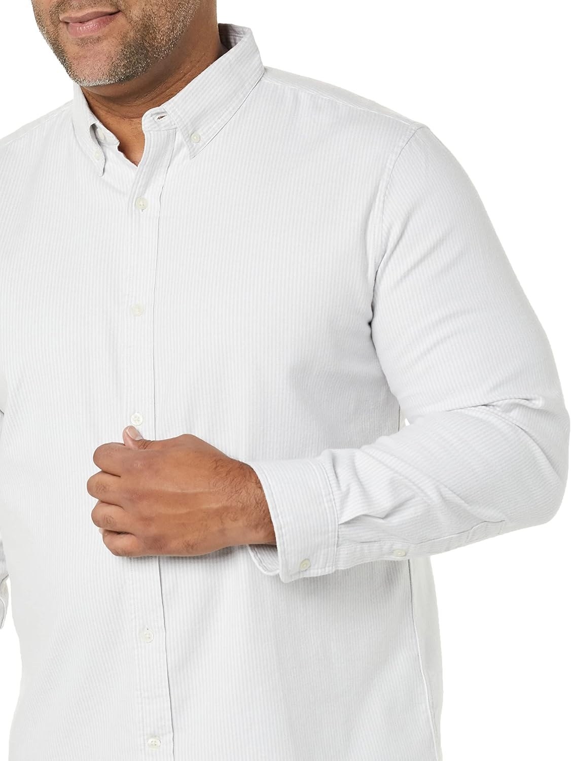 image:imageAmazon Essentials Mens Oxford Shirt SlimFit Stretch LongSleeve Button UpLight Grey Vertical Stripe