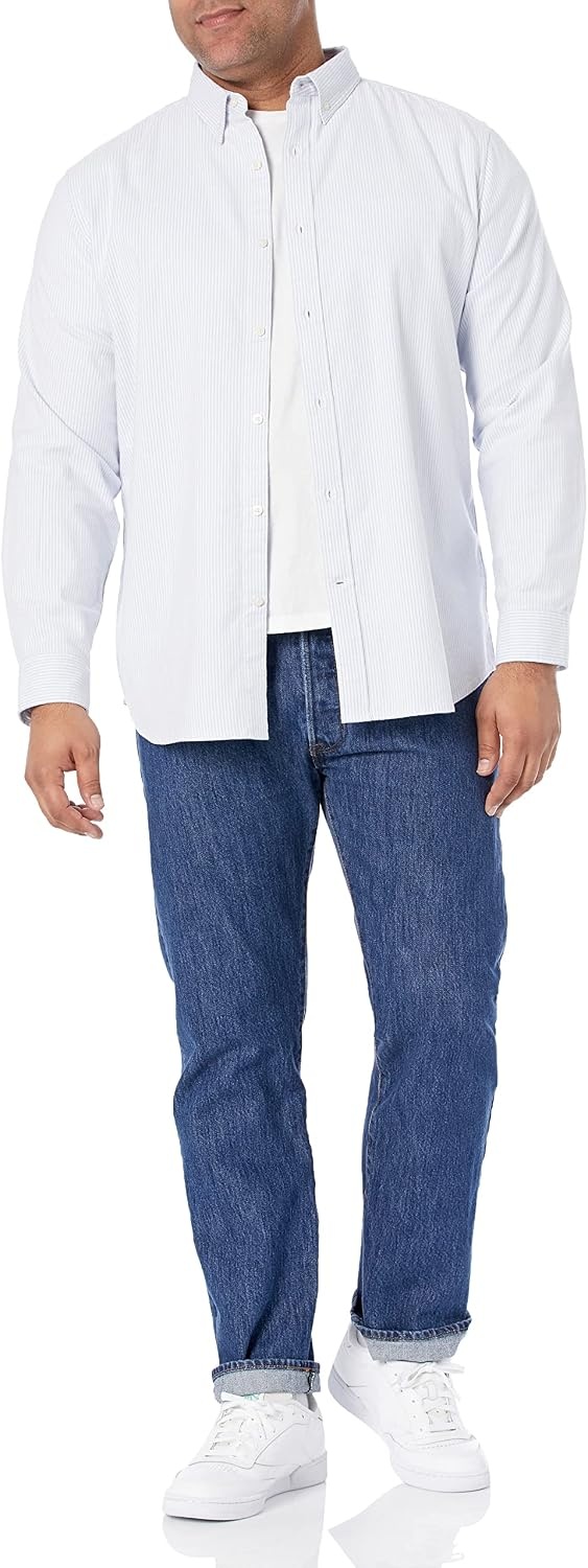 image:imageAmazon Essentials Mens Oxford Shirt SlimFit Stretch LongSleeve Button UpPowder Blue Vertical Stripe