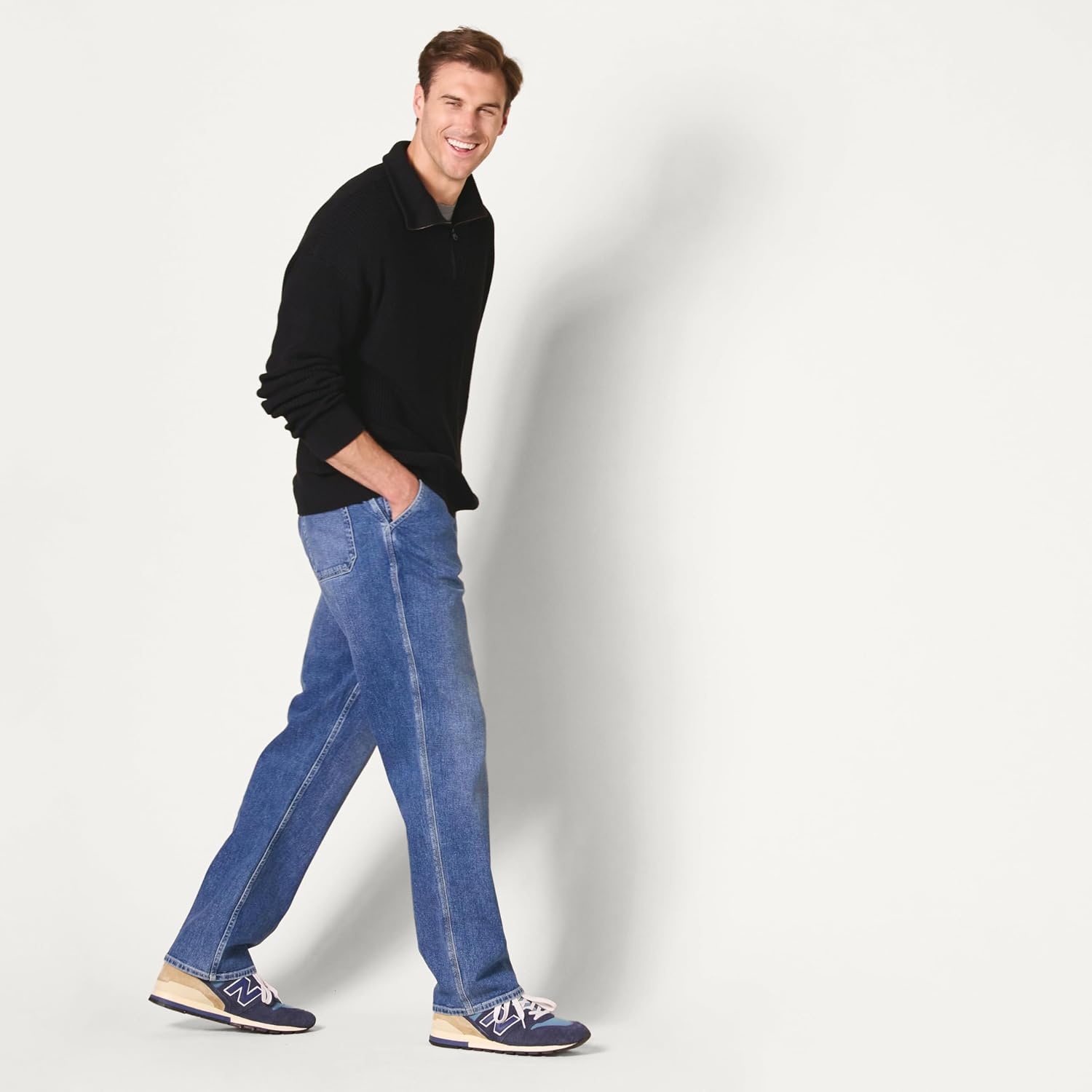 image:imageAmazon Essentials Mens QuarterZip RibKnit RelaxedFit Cotton SweaterBlack