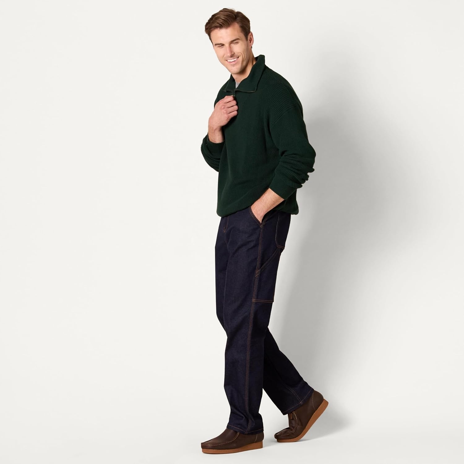 image:imageAmazon Essentials Mens QuarterZip RibKnit RelaxedFit Cotton SweaterDark Green