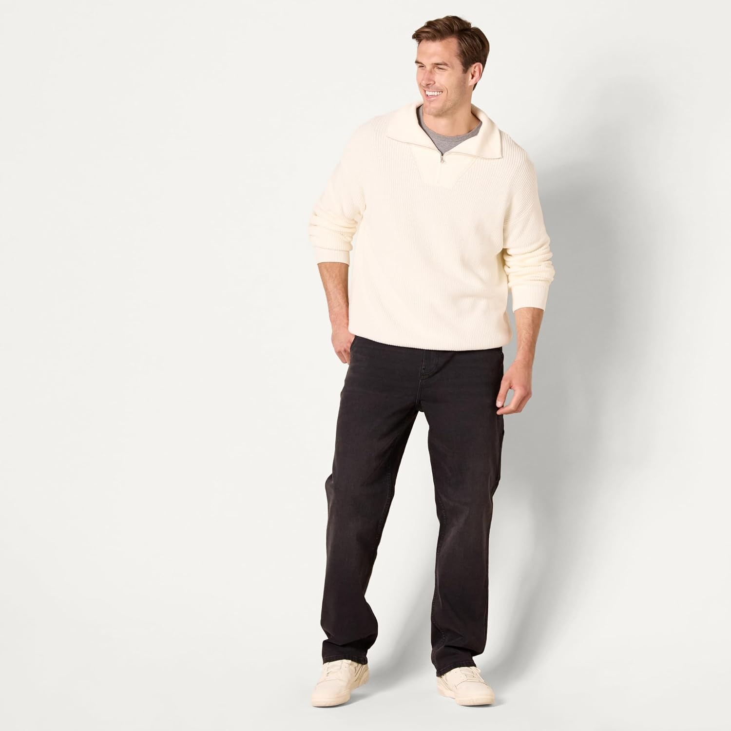 image:imageAmazon Essentials Mens QuarterZip RibKnit RelaxedFit Cotton SweaterEggshell White
